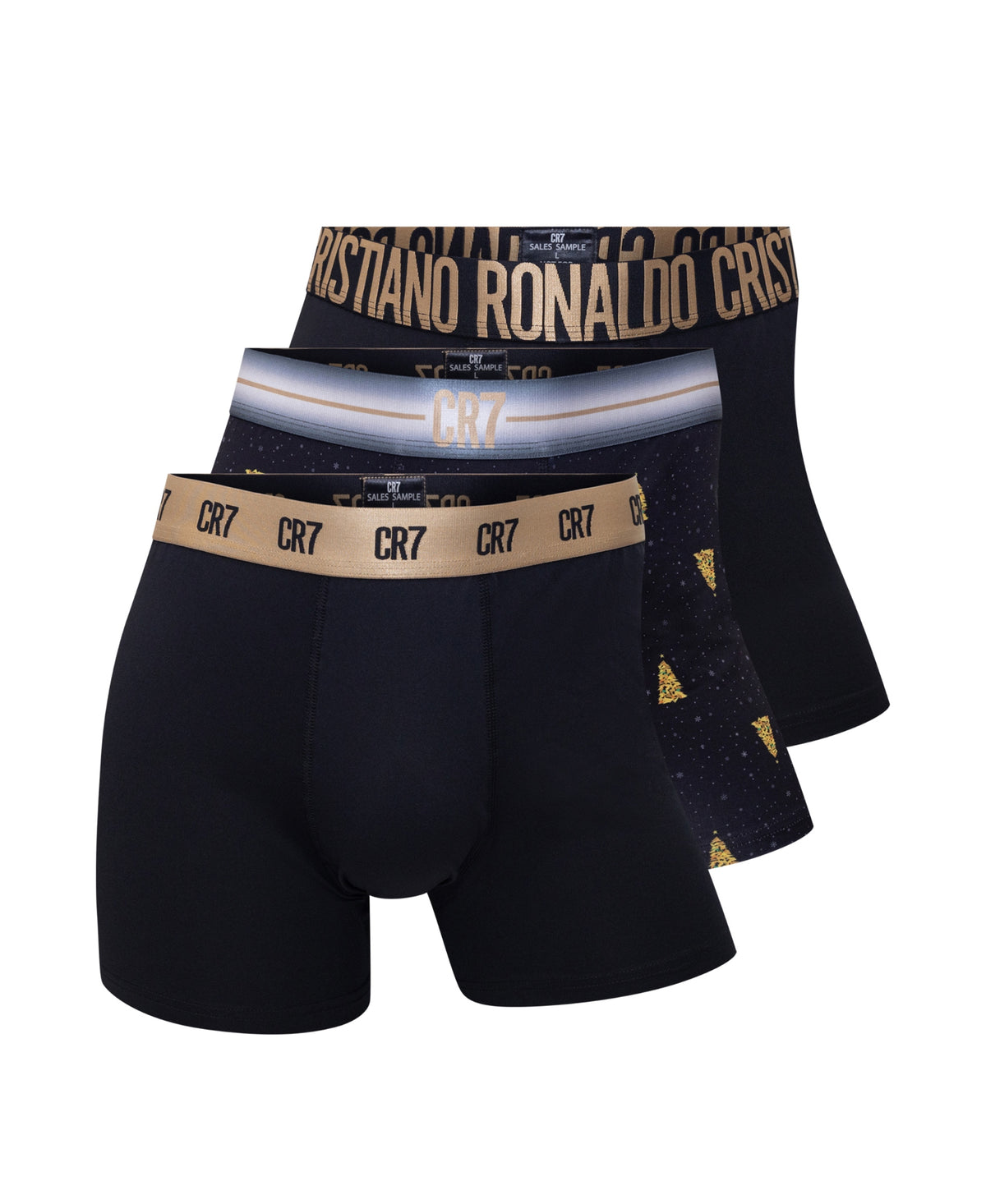 CR7 Men's Holiday Black & Gold, 3-Pack Cotton Blend Trunks