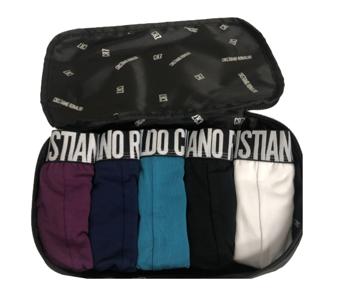 Cristiano Ronaldo's CR7 Underwear collections are designed and manufactured with an attention to detail seldom found in men’s underwear. Our CR7's 5-pack travel bags are an excellent value and fantastic gift option. Each travel bag includes 5 comfortable, breathable cotton blend briefs (95% cotton, 5% elastane). 5 cotton-blend briefs Color: multicolor blues, black, merlot, and white CR7 Underwear is machine washable.