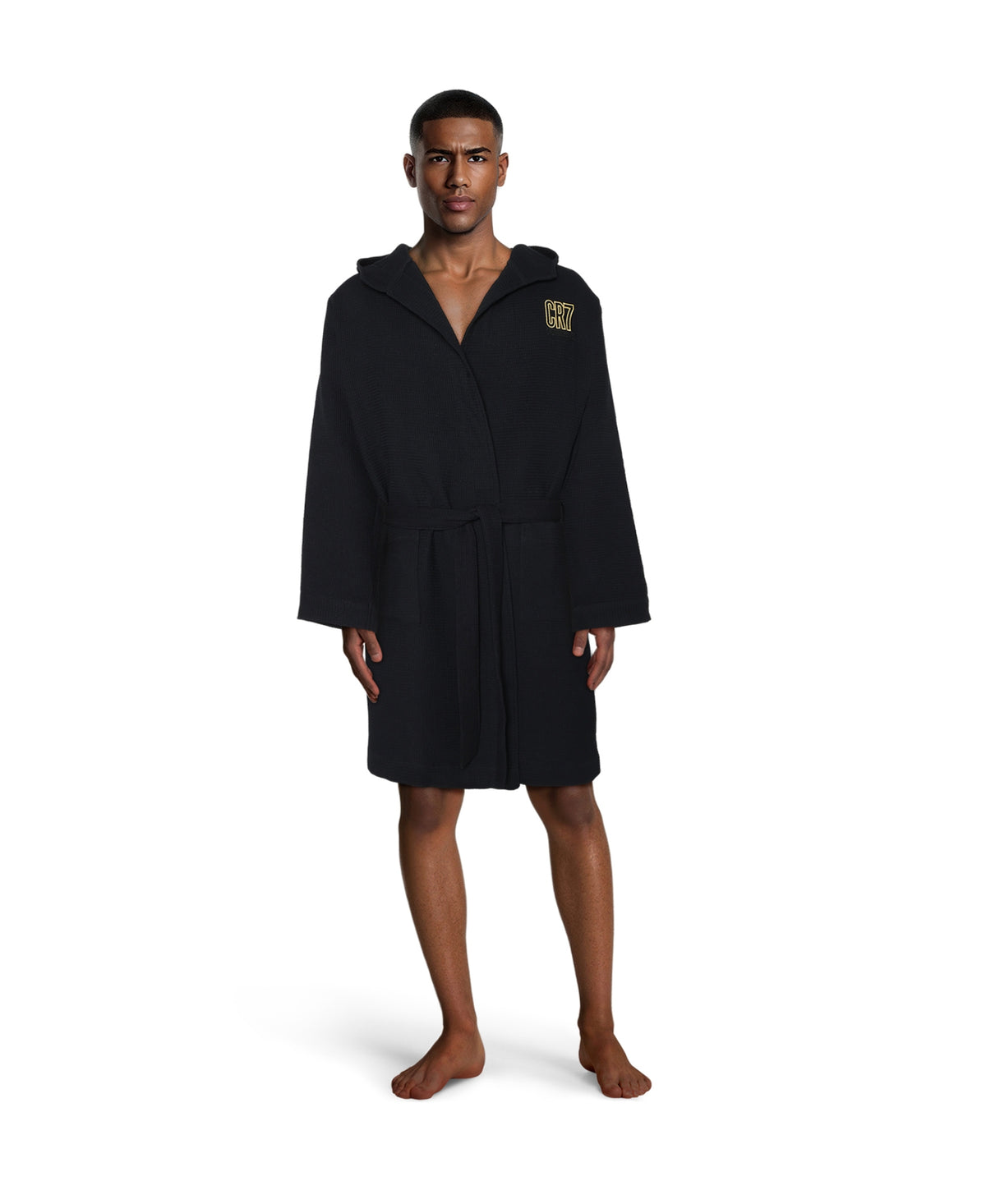 CR7 Men's Hooded Waffle Weave Bathrobe, Black