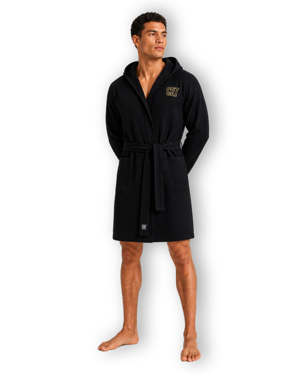 CR7 Men's Hooded Waffle Weave Bathrobe, Black