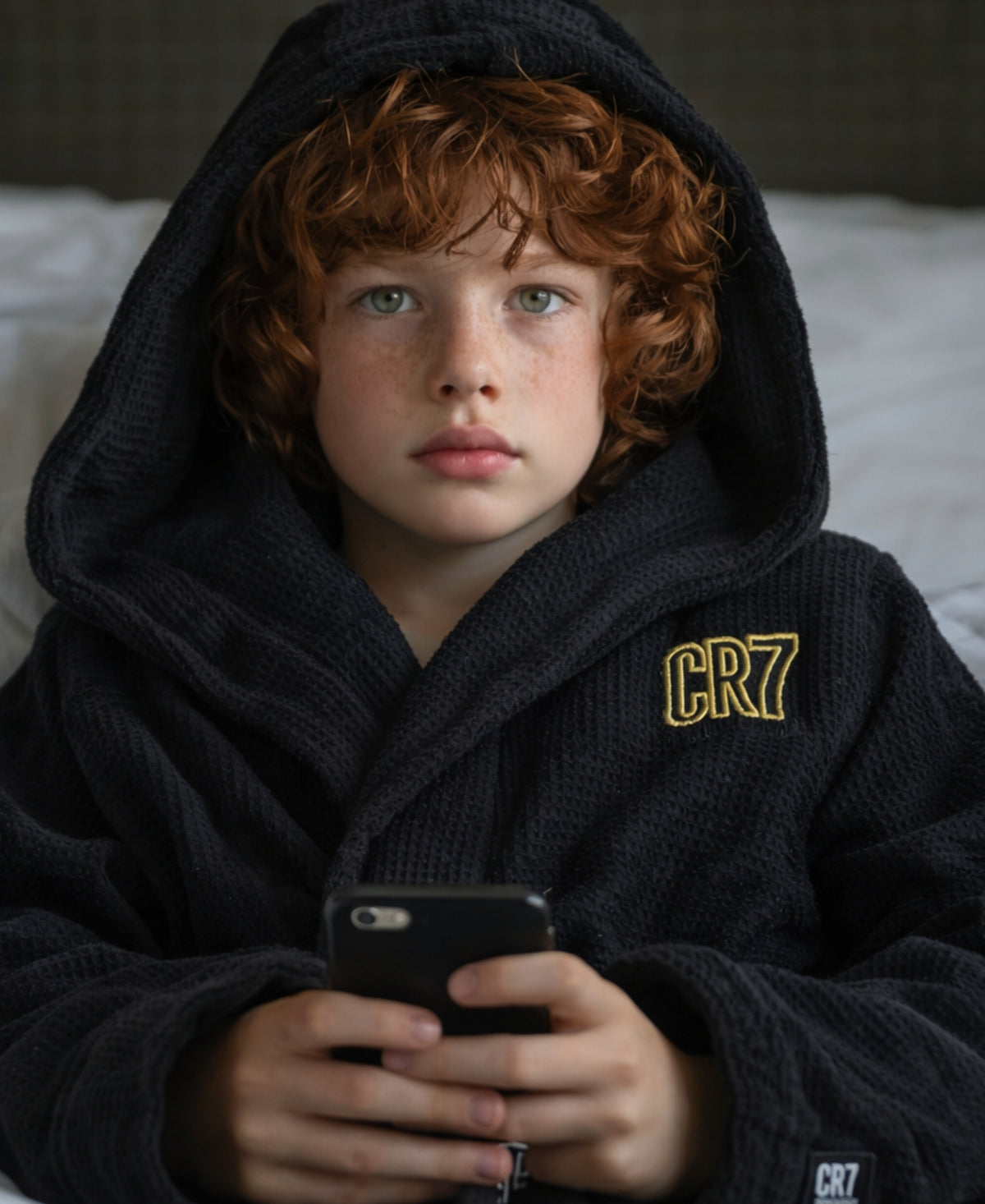 CR7 Boy's Hooded Waffle Weave Bath Wrap, Black