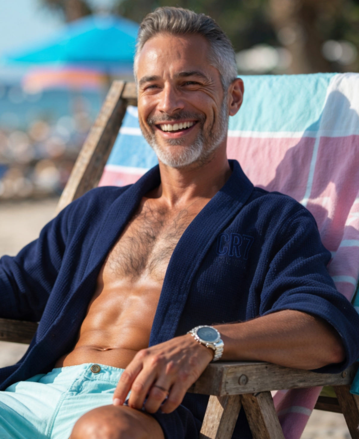 CR7 Men's Waffle Weave Bathrobe, Navy