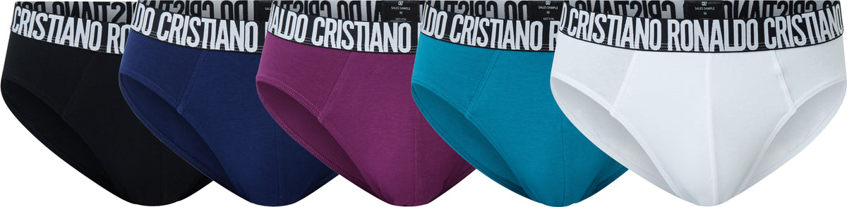 Cristiano Ronaldo's CR7 Underwear collections are designed and manufactured with an attention to detail seldom found in men’s underwear. Our CR7's 5-pack travel bags are an excellent value and fantastic gift option. Each travel bag includes 5 comfortable, breathable cotton blend briefs (95% cotton, 5% elastane). 5 cotton-blend briefs Color: multicolor blues, black, merlot, and white CR7 Underwear is machine washable.